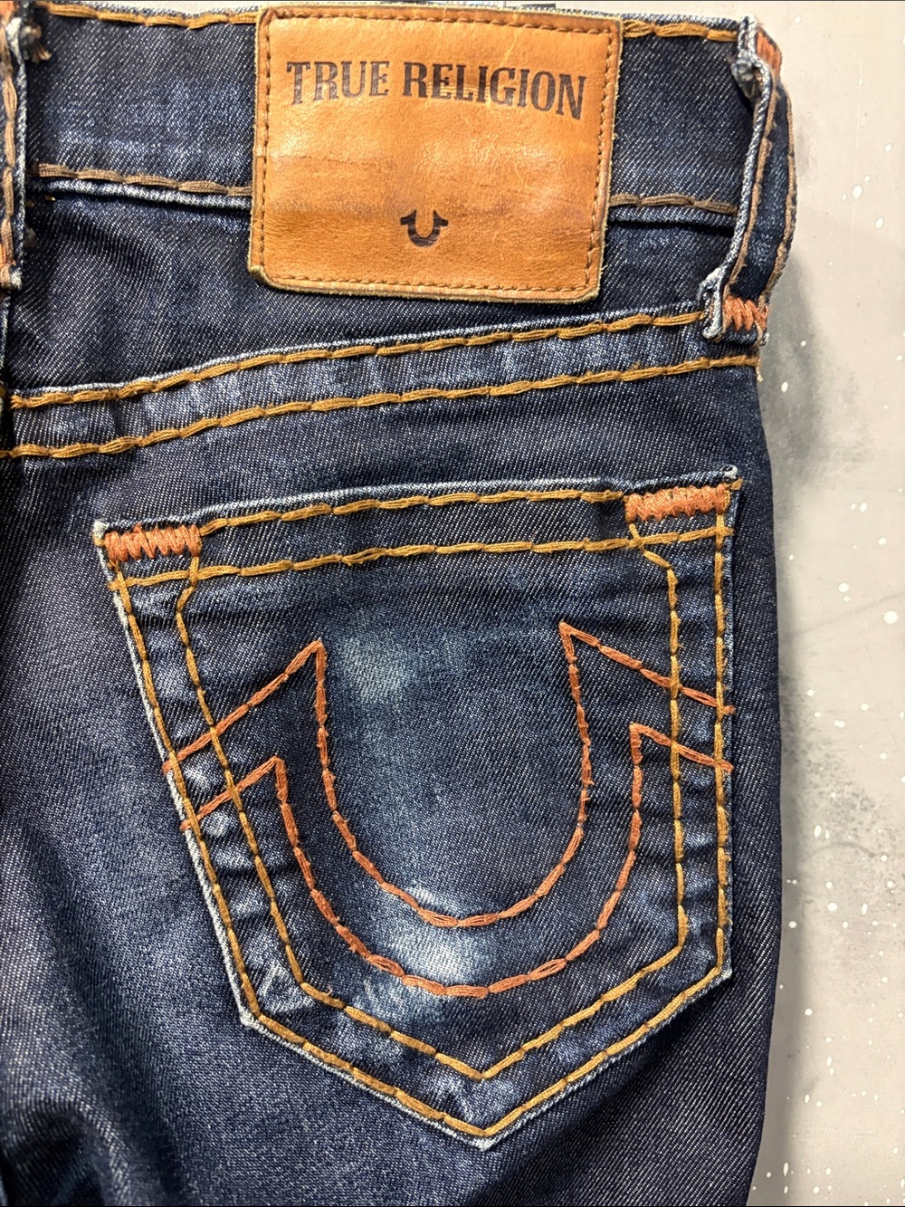 True Religion Slim Straight Jeans in Dark Indigo with Orange Stitching